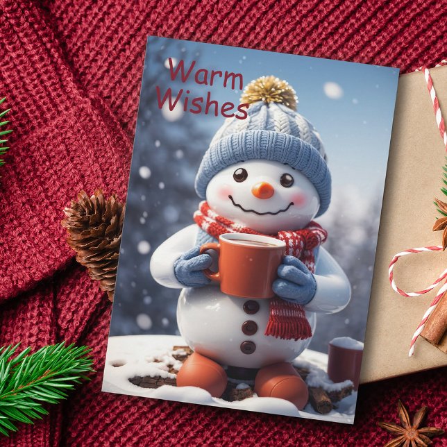 Adorable Christmas Snowman Enjoying Hot Chocolate  Holiday Card (Creator Uploaded)