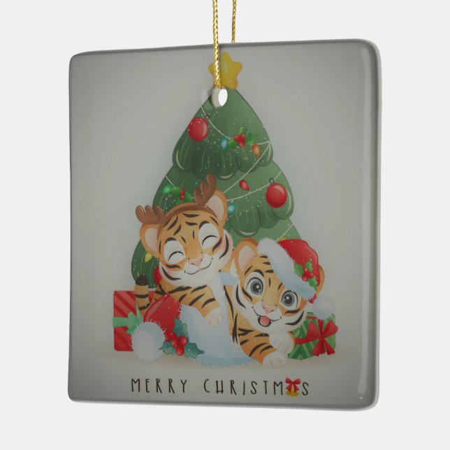 Adorable Christmas Tigers  Ceramic Ornament (Left)