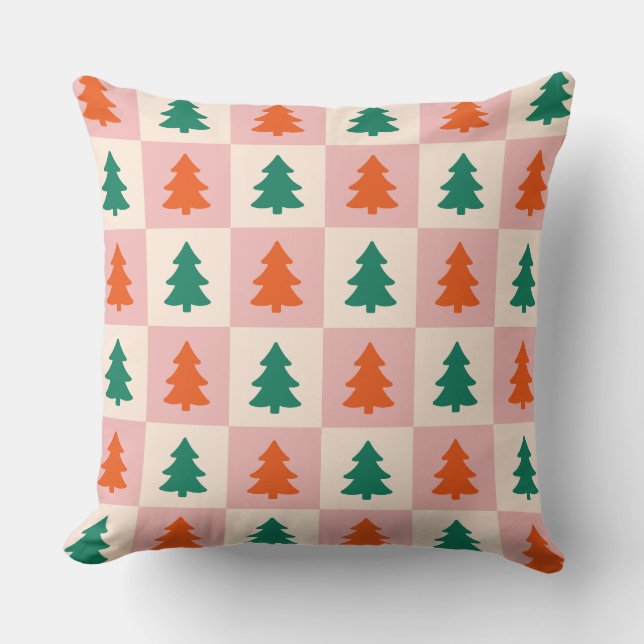 Adorable Christmas trees in Square pattern pink Cushion (Front)
