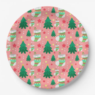 Adorable Christmas Trees, Stockings, Stars Pattern Paper Plate