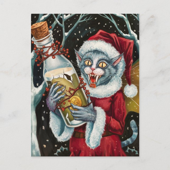 Adorable Christmas Vampire Grey Cat Fairy Postcard (Front)
