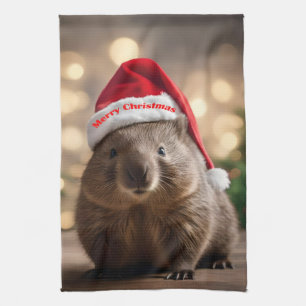 Adorable Christmas Wombat, Tea Towel