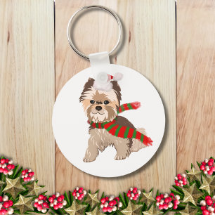 Adorable Christmas Yorkie In Santa Hat Keychain