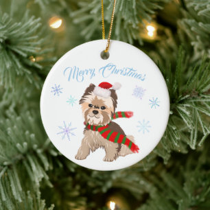 Adorable Christmas Yorkie In Santa Hat Snowflakes Ceramic Tree Decoration