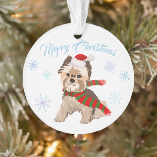 Adorable Christmas Yorkie In Santa Hat Snowflakes Ornament
