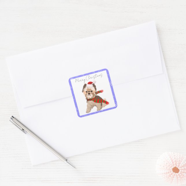 Adorable Christmas Yorkie In Santa Hat  Square Sticker (Envelope)