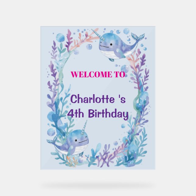 Adorable Chubby Narwhal Whale fish Seamless Sea Li Acrylic Sign (Front)