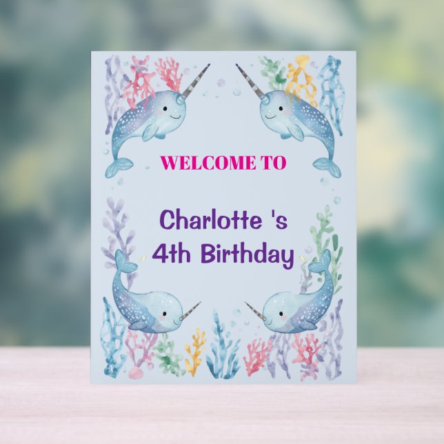 Adorable Chubby Narwhal Whale fish Seamless Sea Li Acrylic Sign (Neutral)