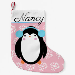 Adorable Chubby Penguin with Snowflakes Small Christmas Stocking