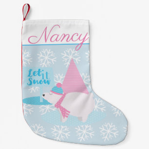 Adorable Chubby Polar Bear with Snowflakes Small Christmas Stocking