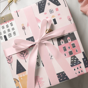 Adorable City Houses Pink  Wrapping Paper