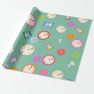 Adorable clocks and flowers green party wrapping paper