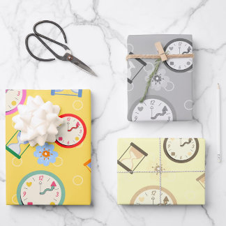 Adorable clocks and flowers party wrapping paper sheet