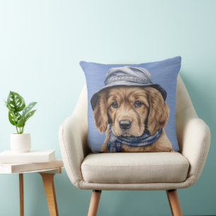 ADORABLE COCKER SPANIEL PUPPY WITH BLUE HAT CUSHION