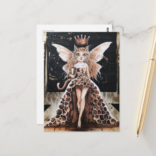 Adorable Coffee Cat Fairy at the Fashion Show Postcard (Front/Back In Situ)