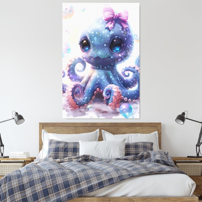 Adorable Colourful Baby Girl Octopus Art Print (Insitu(Bedroom))