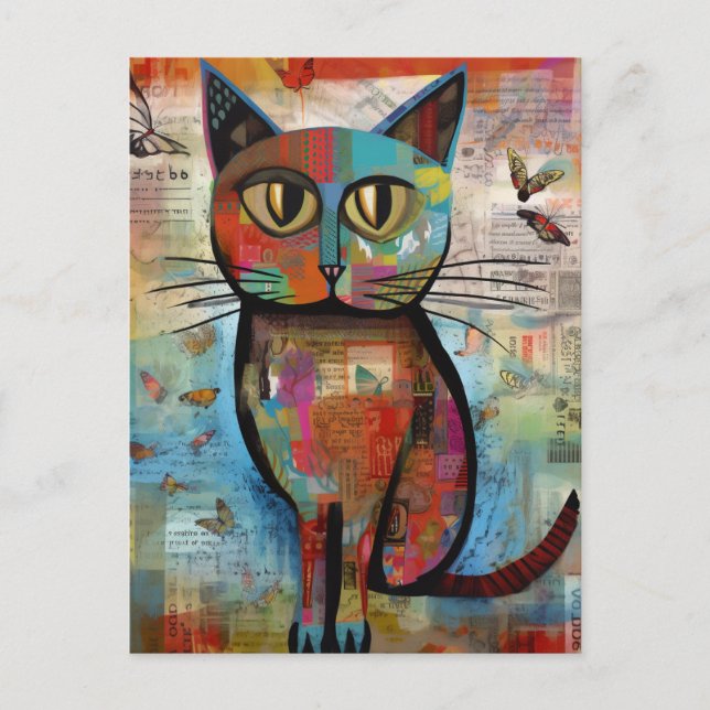 Adorable Colourful Cat Butteflies Collage Postcard (Front)