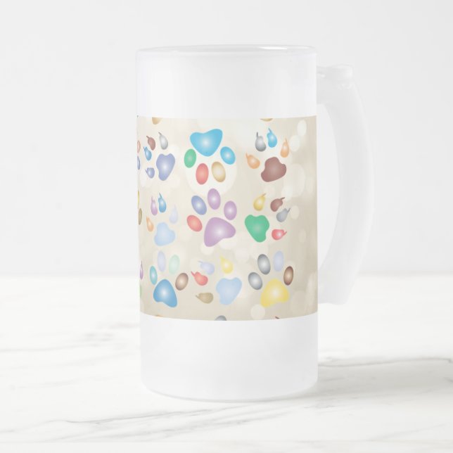 Adorable Colourful Dog Paw Prints,Bokeh Frosted Glass Beer Mug (Front Right)