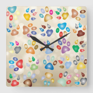 Adorable Colourful Dog Paw Prints,Bokeh Square Wall Clock