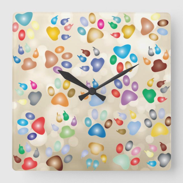Adorable Colourful Dog Paw Prints,Bokeh Square Wall Clock (Front)