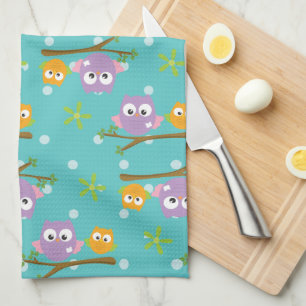 Adorable Colourful Owls on a Branch Tea Towel