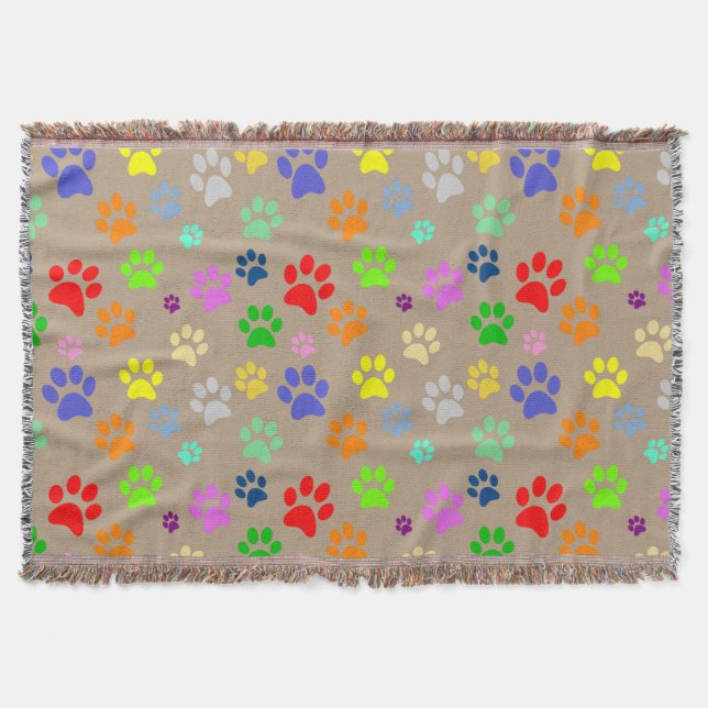 Adorable Colourful Pet Paws Print Pattern Throw Blanket (Front)
