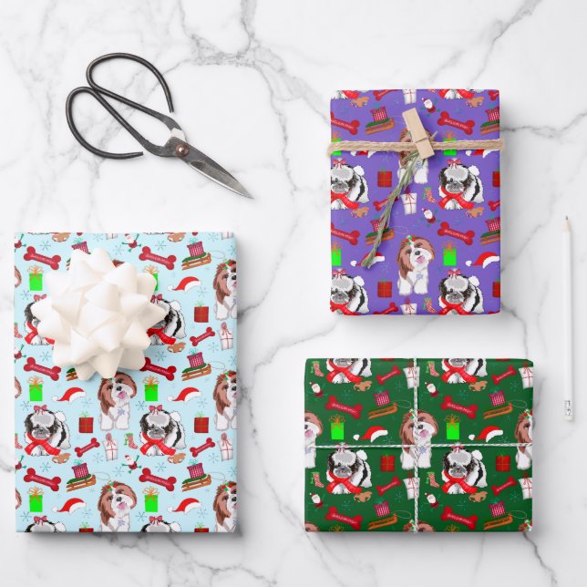 Adorable Colourful Shih Tzu Pattern Wrapping Paper Sheet (Front)