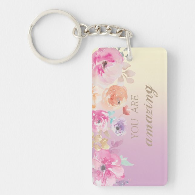 Adorable Colourful Watercolor Flowers Key Ring (Front)