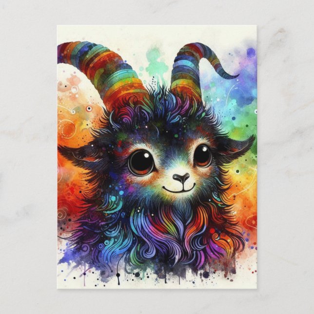 Adorable Colourful Watercolor Goat Postcard (Front)