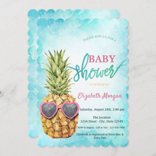 Adorable Cool Pineapple Tropical  Baby Shower  Invitation (Front/Back)