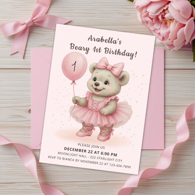 Adorable Coquette Ballerina Bear Birthday  Invitation (Creator Uploaded)