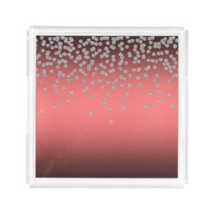 Adorable Coral Red Shiny Foil  Confetty Or Diamond Acrylic Tray