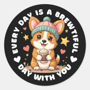 Adorable Corgi Coffee Lover Classic Round Sticker