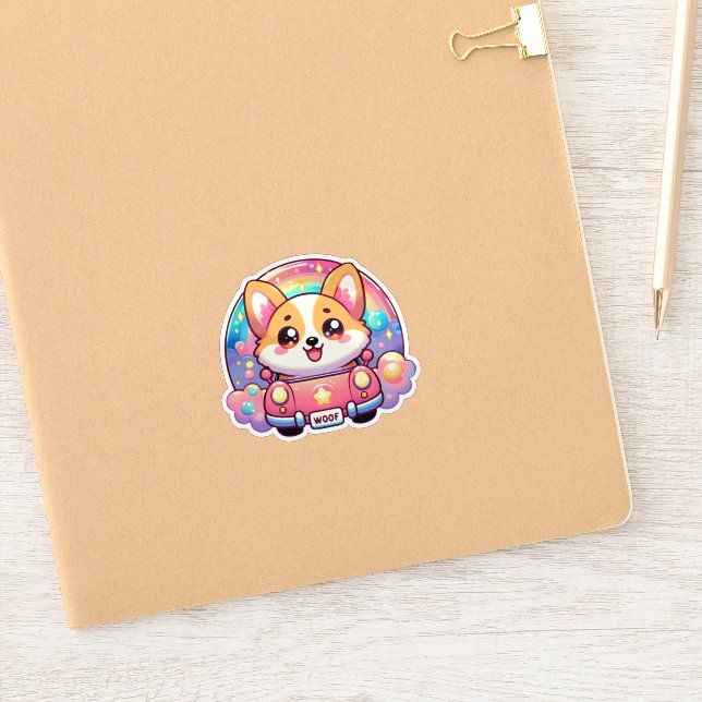 Adorable Corgi in Pink Car Rainbow and Sparkles (Notebook)