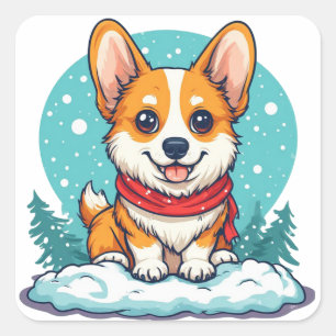 Adorable Corgi Puppy In Snow With Winter Square Sticker
