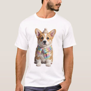 Adorable Corgi Puppy Wearing Knitted Beanie T-Shirt