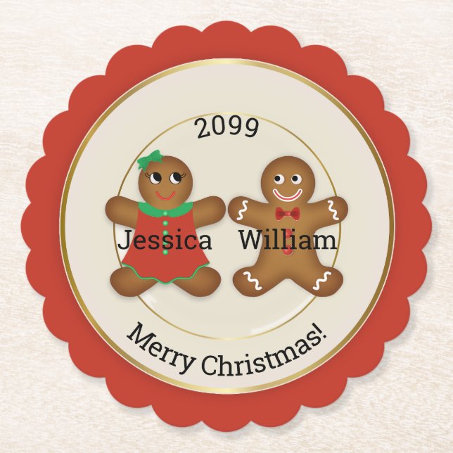 Adorable Couple Gingerbread Ornament w Year Paper Coaster (Front)