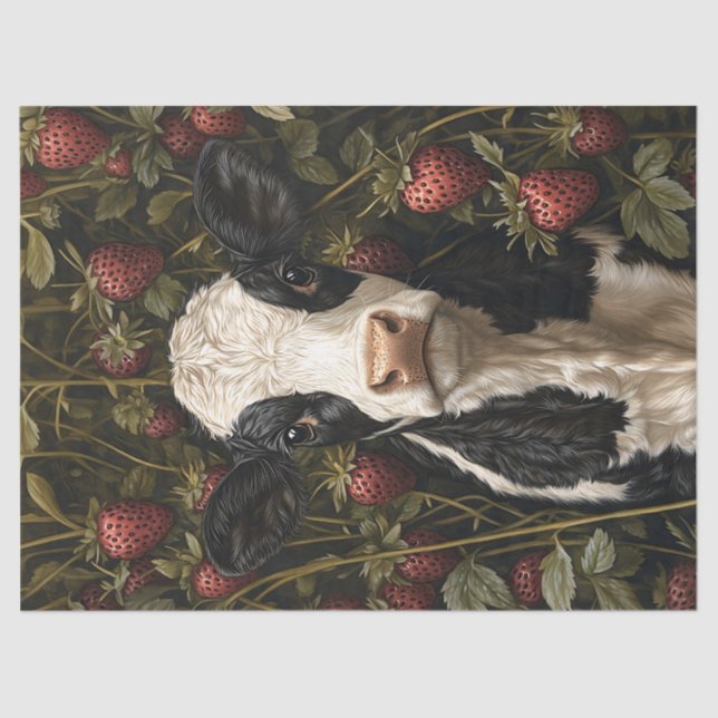 Adorable Cow Calf Strawberry Background Decoupage Tissue Paper (Front)