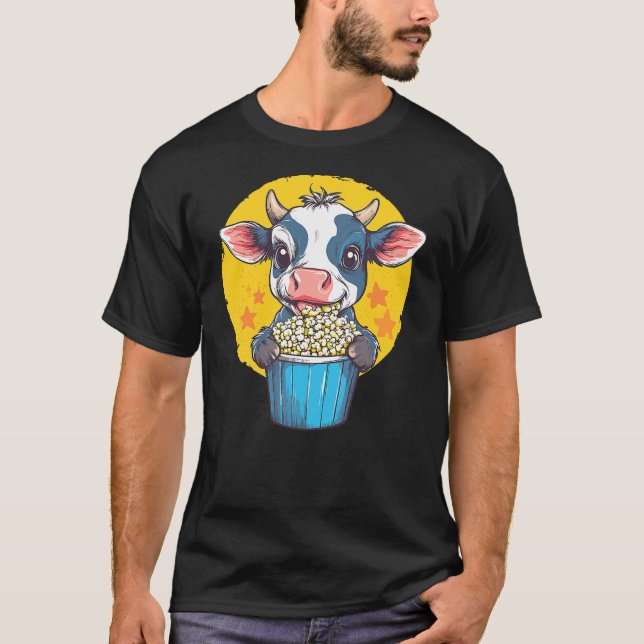 Adorable Cow Enjoying Popcorn Delight T-Shirt (Front)