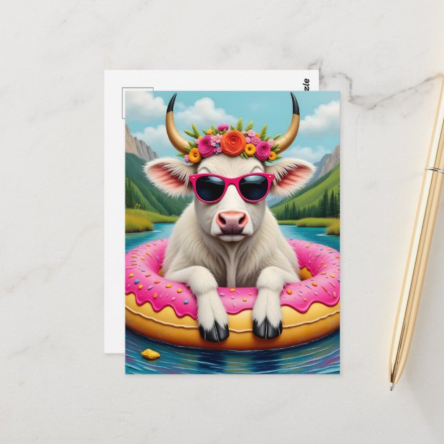 Adorable Cow on a Float Trip Postcard (Front/Back In Situ)