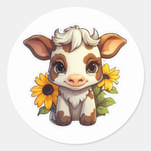 Adorable Cow with Sunflowers Classic Round Sticker