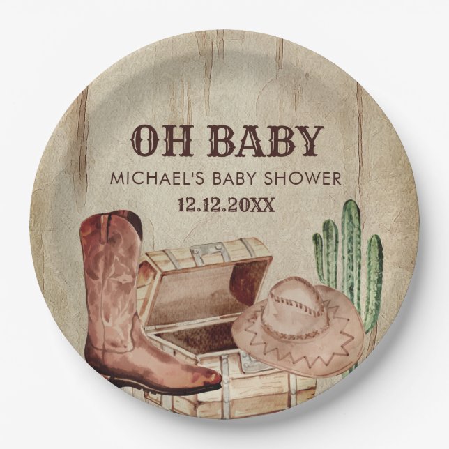 Adorable Cowboy Baby Shower Western Boots Paper Plate (Front)