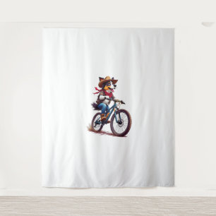 Adorable Cowdog Riding Mountain Bike Adventure Tapestry