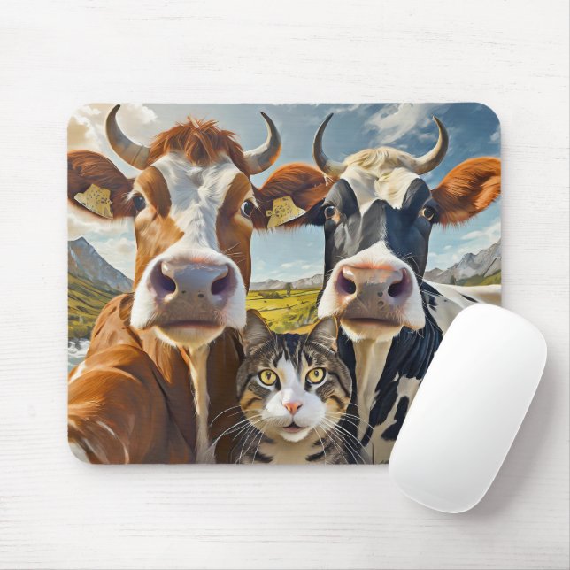 Adorable Cows and Cat Mouse Pad! Mat (With Mouse)
