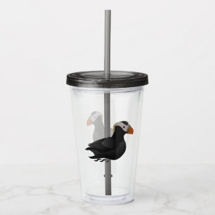 Adorable Crested Puffin Cartoon Swimming Acrylic Tumbler
