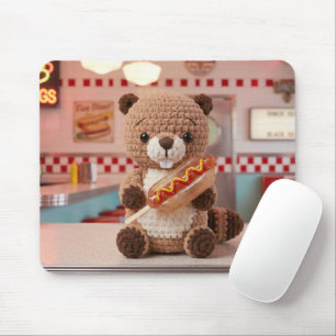 Adorable Crocheted Beaver in Diner Glass Hotdog Mouse Mat