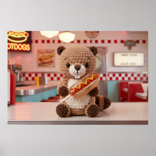Adorable Crocheted Beaver in Diner Glass Hotdog Poster