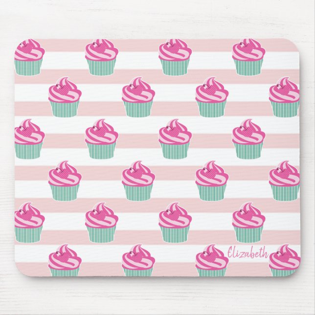 Adorable Cupcakes, Stripes -Personalised Mouse Mat (Front)