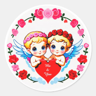 Adorable Cupid Angels Holding Heart Classic Round Sticker