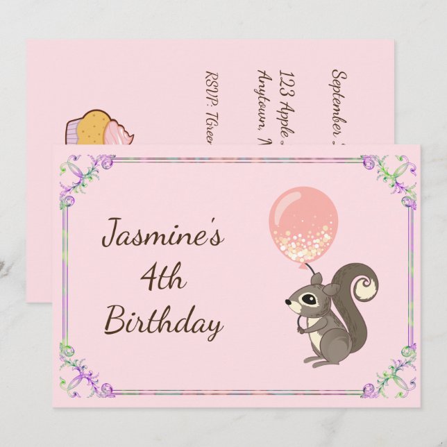Adorable Custom Squirrel Birthday Invite (Front/Back)